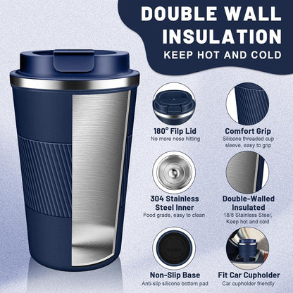 Insulated Coffee Tumblers with Flip Lid 12oz / 17oz, Stainless Steel Coffee Mug Leak Proof, Vacuum Insulated Coffee Mug Reusable Cup, Keeps Cold and Hot for Coffee Tea