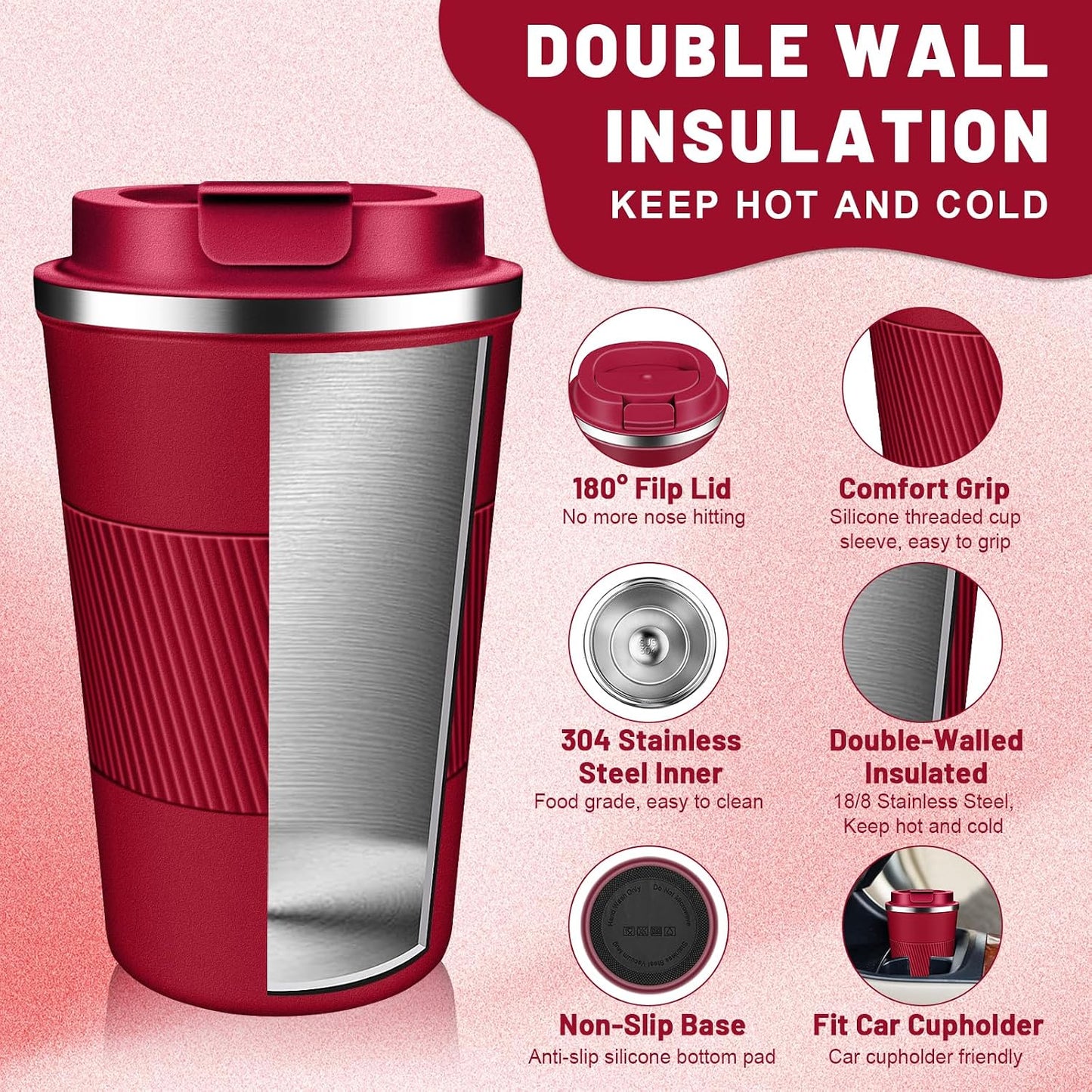 Insulated Coffee Tumblers with Flip Lid 12oz / 17oz, Stainless Steel Coffee Mug Leak Proof, Vacuum Insulated Coffee Mug Reusable Cup, Keeps Cold and Hot for Coffee Tea