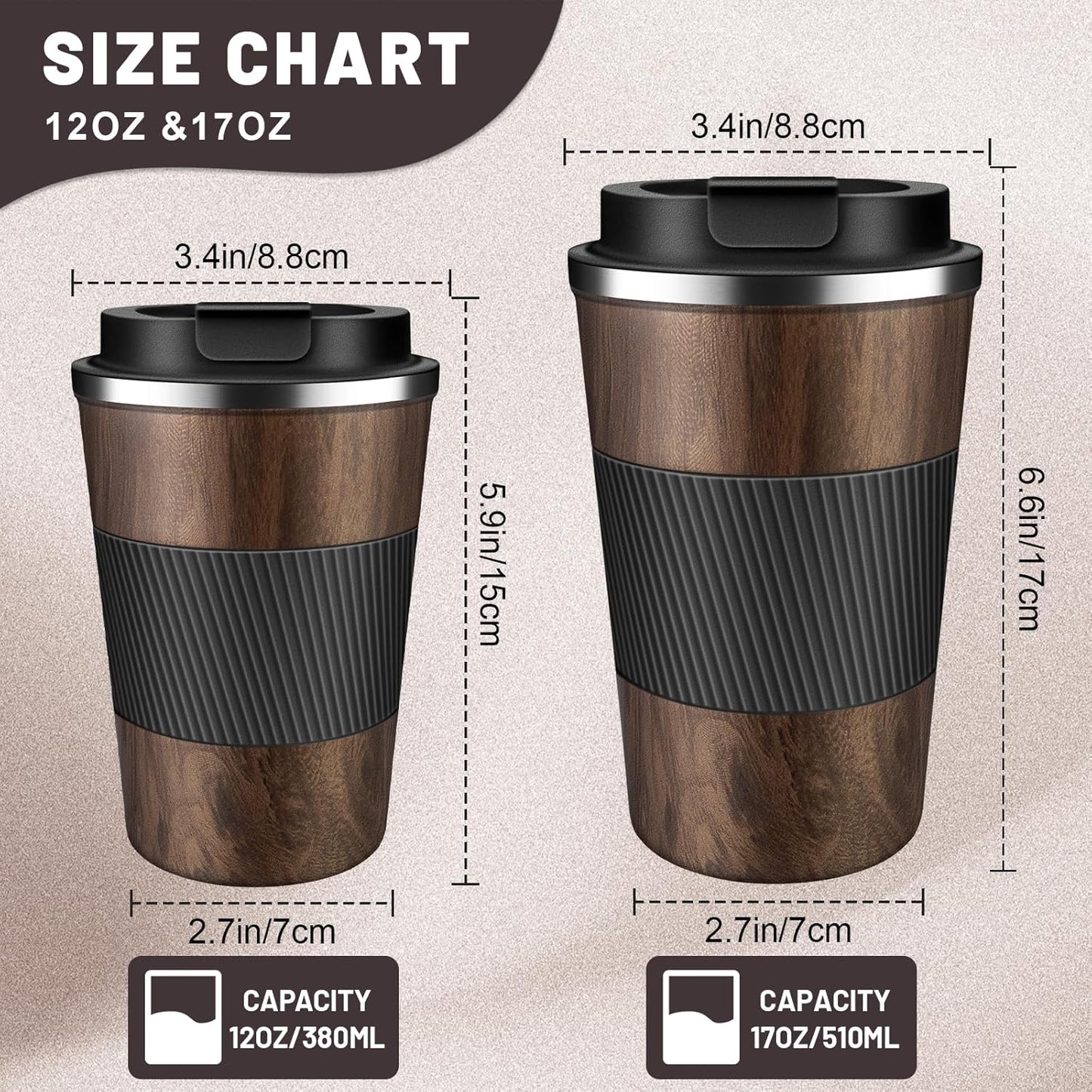 Insulated Coffee Tumblers with Flip Lid 12oz / 17oz, Stainless Steel Coffee Mug Leak Proof, Vacuum Insulated Coffee Mug Reusable Cup, Keeps Cold and Hot for Coffee Tea
