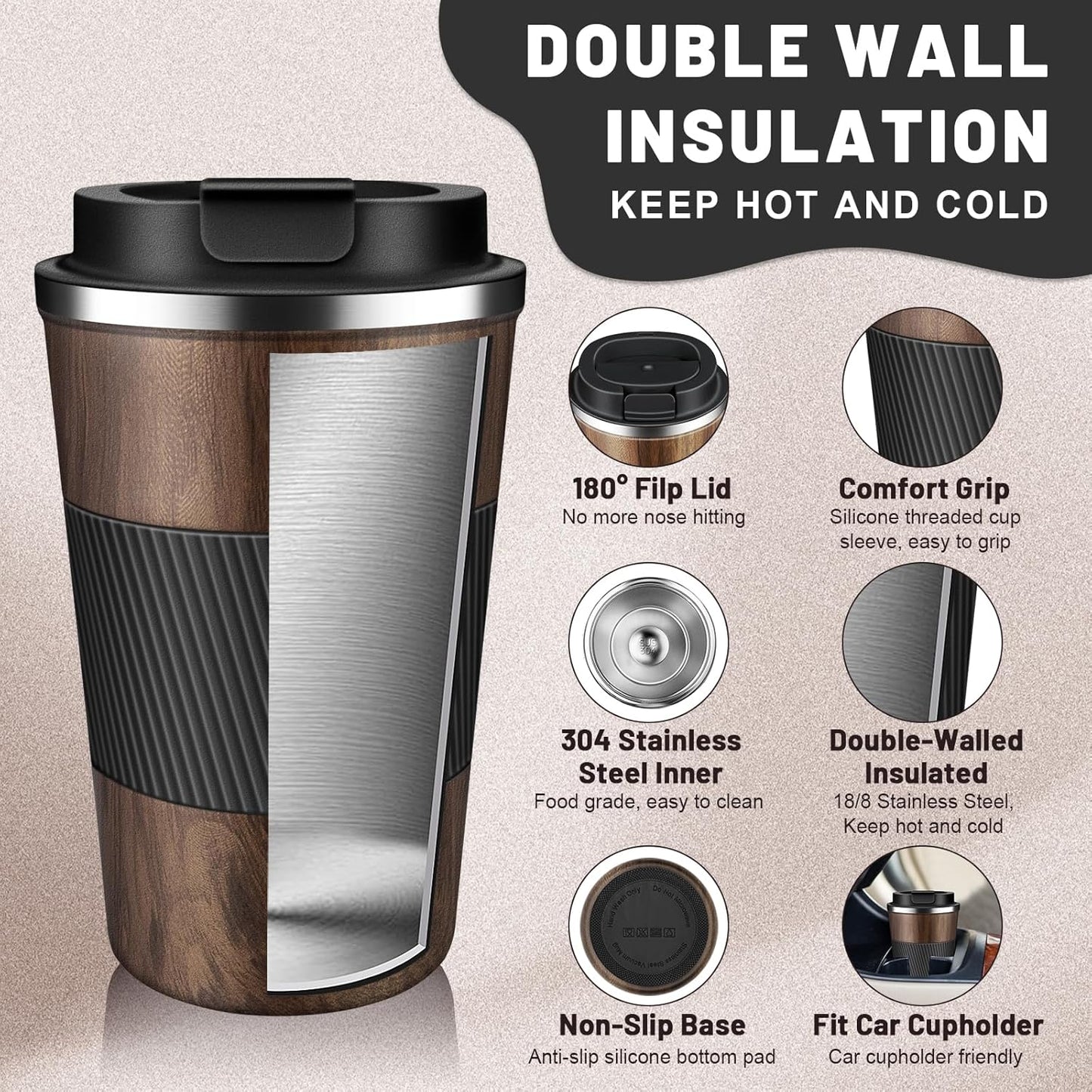 Insulated Coffee Tumblers with Flip Lid 12oz / 17oz, Stainless Steel Coffee Mug Leak Proof, Vacuum Insulated Coffee Mug Reusable Cup, Keeps Cold and Hot for Coffee Tea
