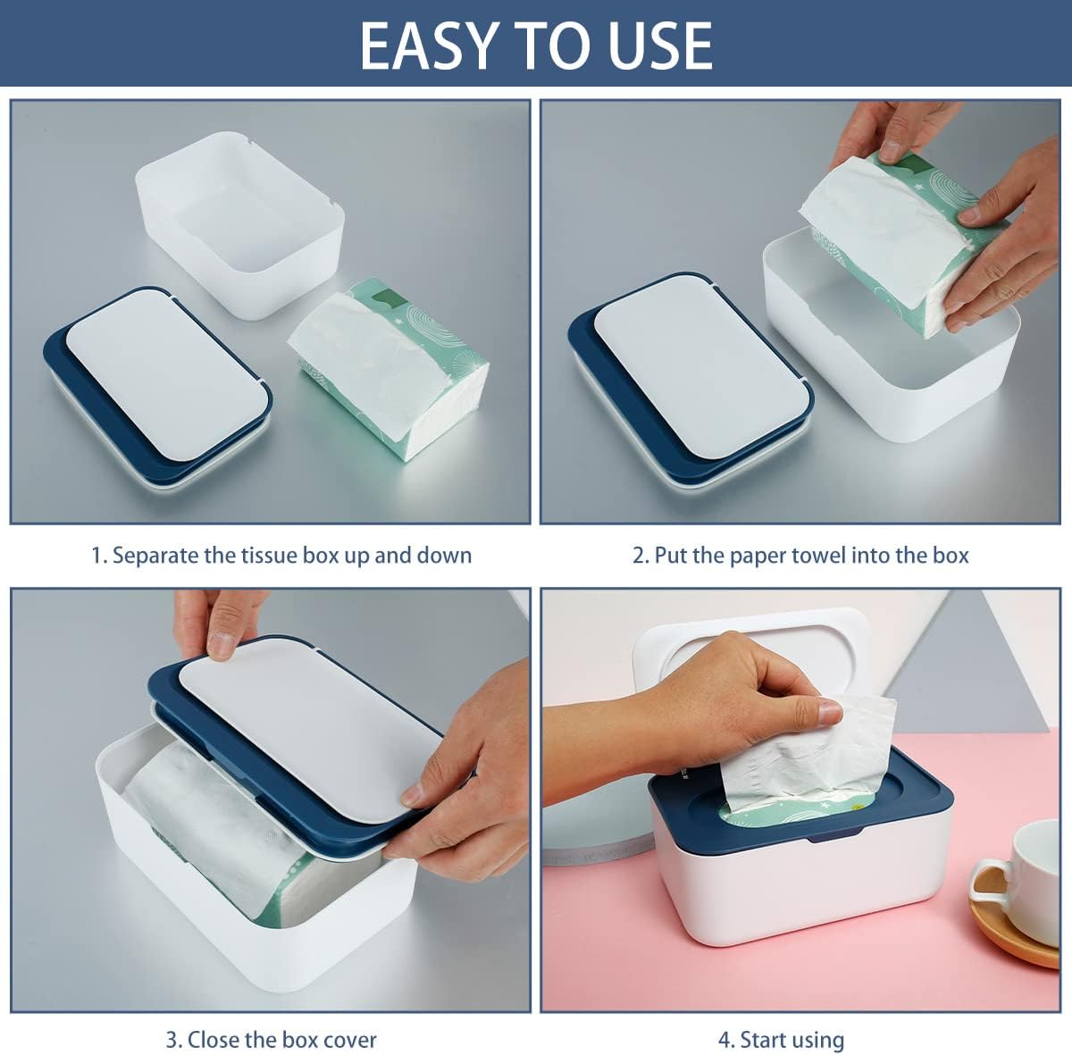 Wipes Dispenser Baby Wipe Holder, Dustproof Refillable Wipe Container Large Capacity Tissues Wipes Case with Moisture Seal Secure Lids Keeps Wipes Fresh for Home Office Bathroom (Dark Blue)