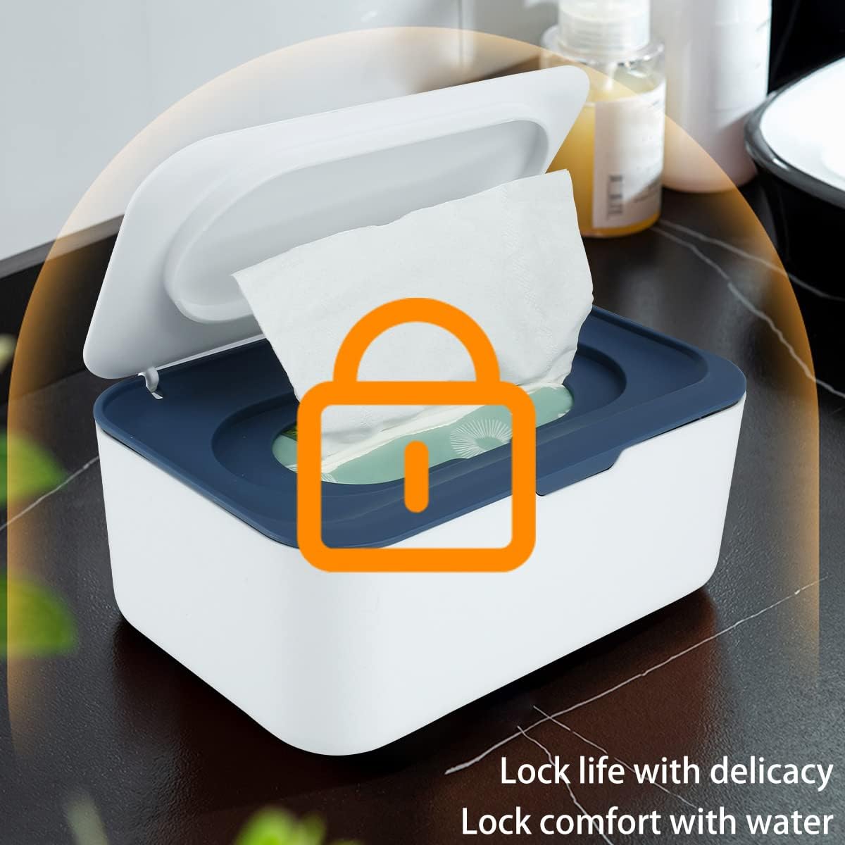 Wipes Dispenser Baby Wipe Holder, Dustproof Refillable Wipe Container Large Capacity Tissues Wipes Case with Moisture Seal Secure Lids Keeps Wipes Fresh for Home Office Bathroom (Dark Blue)