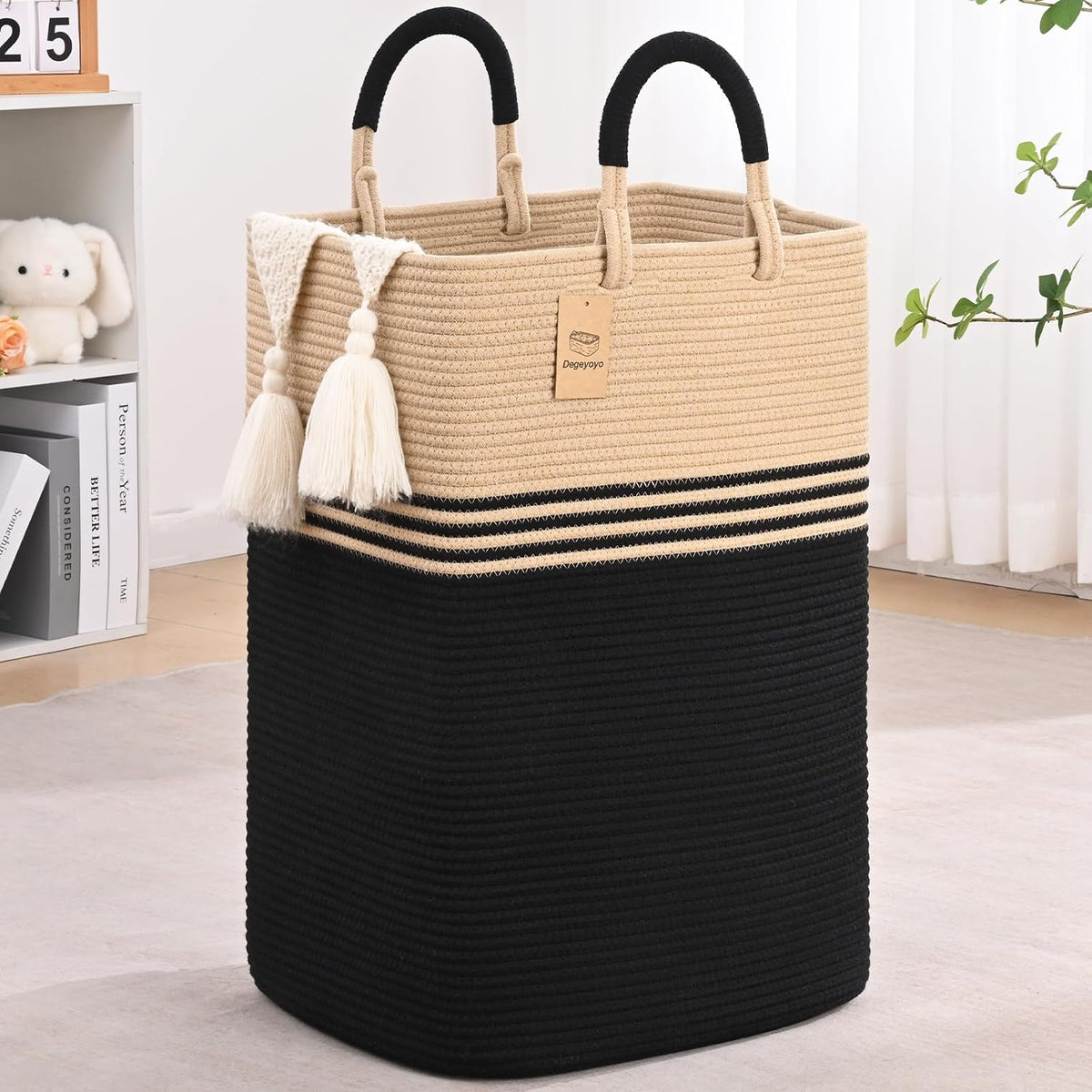 Laundry Basket Hamper,Blanket Storage,Dirty Clothes Hamper with Swivel Handles,Woven Cotton Rope Toy Baskets,Blanket Basket Living Room,Decorative Hampers for Nursery,Bedroom,White & Linen,60L