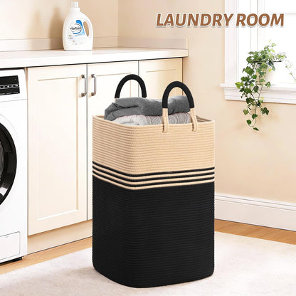 Laundry Basket Hamper,Blanket Storage,Dirty Clothes Hamper with Swivel Handles,Woven Cotton Rope Toy Baskets,Blanket Basket Living Room,Decorative Hampers for Nursery,Bedroom,White & Linen,60L