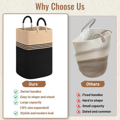 Laundry Basket Hamper,Blanket Storage,Dirty Clothes Hamper with Swivel Handles,Woven Cotton Rope Toy Baskets,Blanket Basket Living Room,Decorative Hampers for Nursery,Bedroom,White & Linen,60L