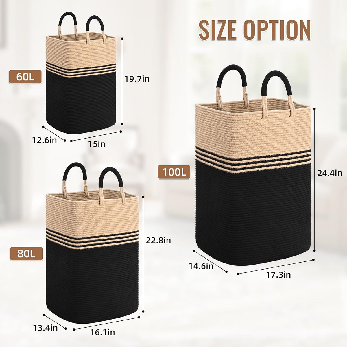 Laundry Basket Hamper,Blanket Storage,Dirty Clothes Hamper with Swivel Handles,Woven Cotton Rope Toy Baskets,Blanket Basket Living Room,Decorative Hampers for Nursery,Bedroom,White & Linen,60L