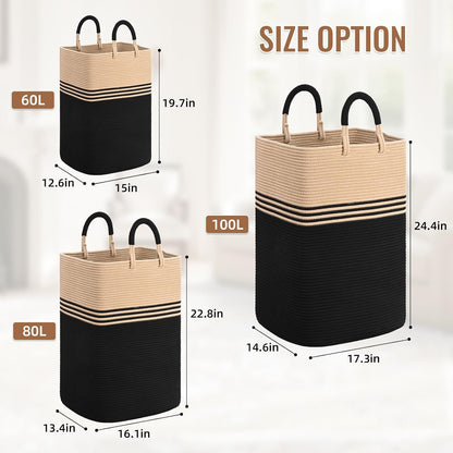 Laundry Basket Hamper,Blanket Storage,Dirty Clothes Hamper with Swivel Handles,Woven Cotton Rope Toy Baskets,Blanket Basket Living Room,Decorative Hampers for Nursery,Bedroom,White & Linen,60L