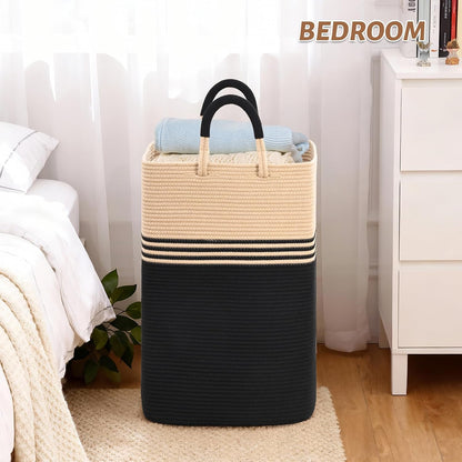 Laundry Basket Hamper,Blanket Storage,Dirty Clothes Hamper with Swivel Handles,Woven Cotton Rope Toy Baskets,Blanket Basket Living Room,Decorative Hampers for Nursery,Bedroom,White & Linen,60L