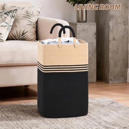 Laundry Basket Hamper,Blanket Storage,Dirty Clothes Hamper with Swivel Handles,Woven Cotton Rope Toy Baskets,Blanket Basket Living Room,Decorative Hampers for Nursery,Bedroom,White & Linen,60L