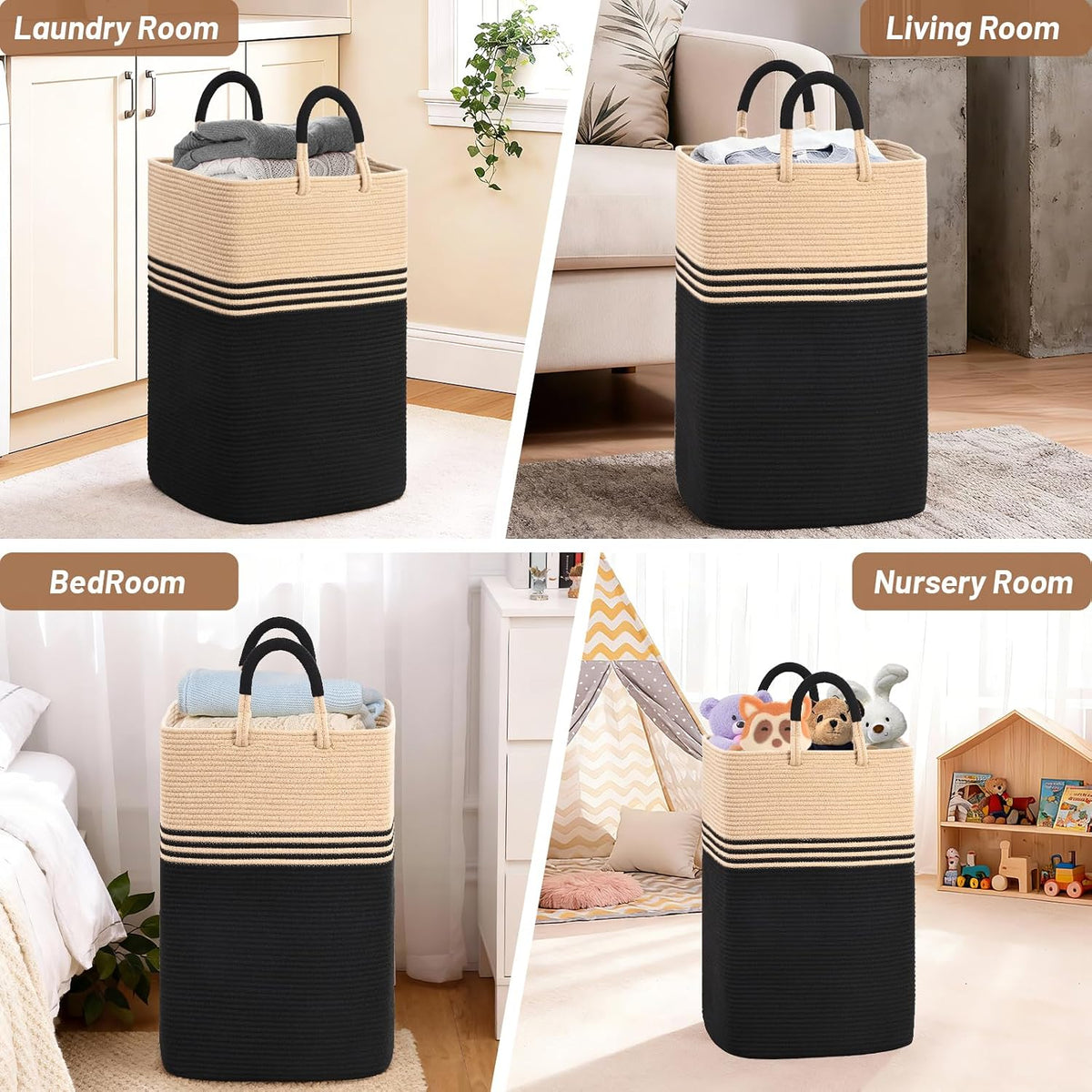 Laundry Basket Hamper,Blanket Storage,Dirty Clothes Hamper with Swivel Handles,Woven Cotton Rope Toy Baskets,Blanket Basket Living Room,Decorative Hampers for Nursery,Bedroom,White & Linen,60L