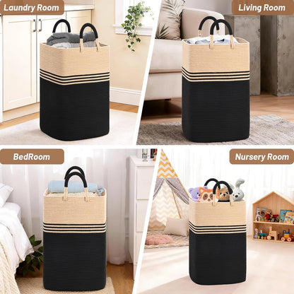 Laundry Basket Hamper,Blanket Storage,Dirty Clothes Hamper with Swivel Handles,Woven Cotton Rope Toy Baskets,Blanket Basket Living Room,Decorative Hampers for Nursery,Bedroom,White & Linen,60L
