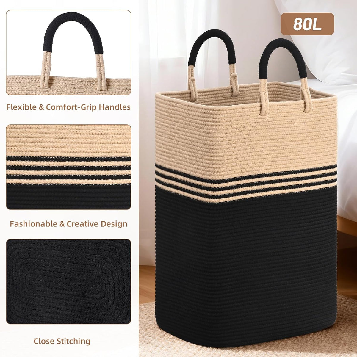 Laundry Basket Hamper,Blanket Storage,Dirty Clothes Hamper with Swivel Handles,Woven Cotton Rope Toy Baskets,Blanket Basket Living Room,Decorative Hampers for Nursery,Bedroom,White & Linen,60L