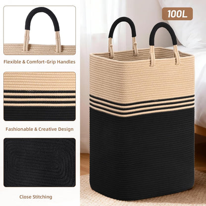 Laundry Basket Hamper,Blanket Storage,Dirty Clothes Hamper with Swivel Handles,Woven Cotton Rope Toy Baskets,Blanket Basket Living Room,Decorative Hampers for Nursery,Bedroom,White & Linen,60L