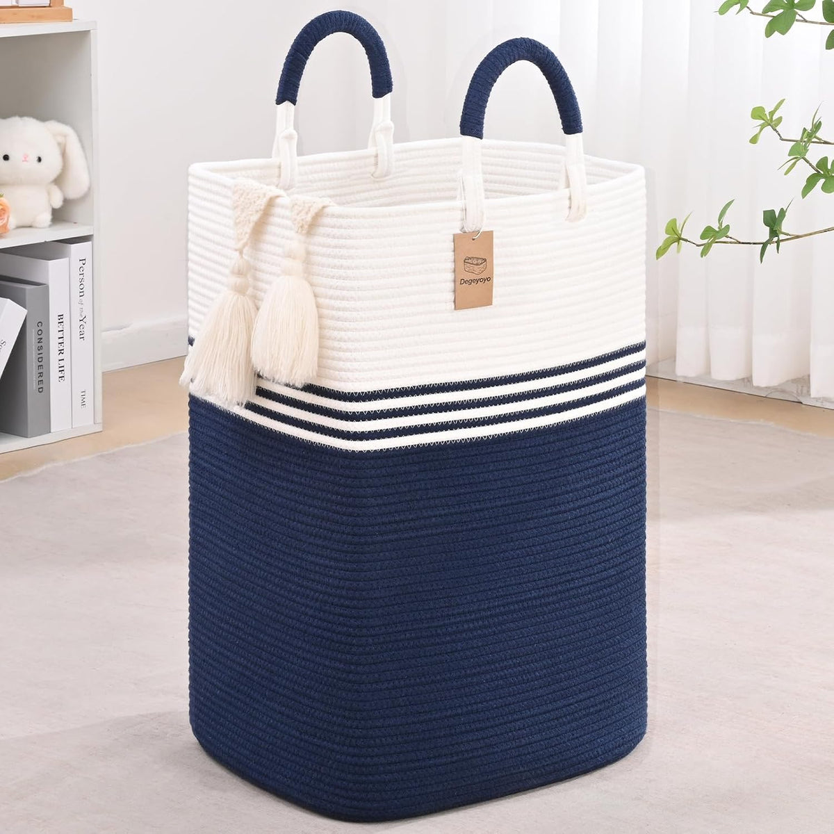 Laundry Basket Hamper,Blanket Storage,Dirty Clothes Hamper with Swivel Handles,Woven Cotton Rope Toy Baskets,Blanket Basket Living Room,Decorative Hampers for Nursery,Bedroom,White & Linen,60L