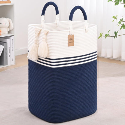 Laundry Basket Hamper,Blanket Storage,Dirty Clothes Hamper with Swivel Handles,Woven Cotton Rope Toy Baskets,Blanket Basket Living Room,Decorative Hampers for Nursery,Bedroom,White & Linen,60L