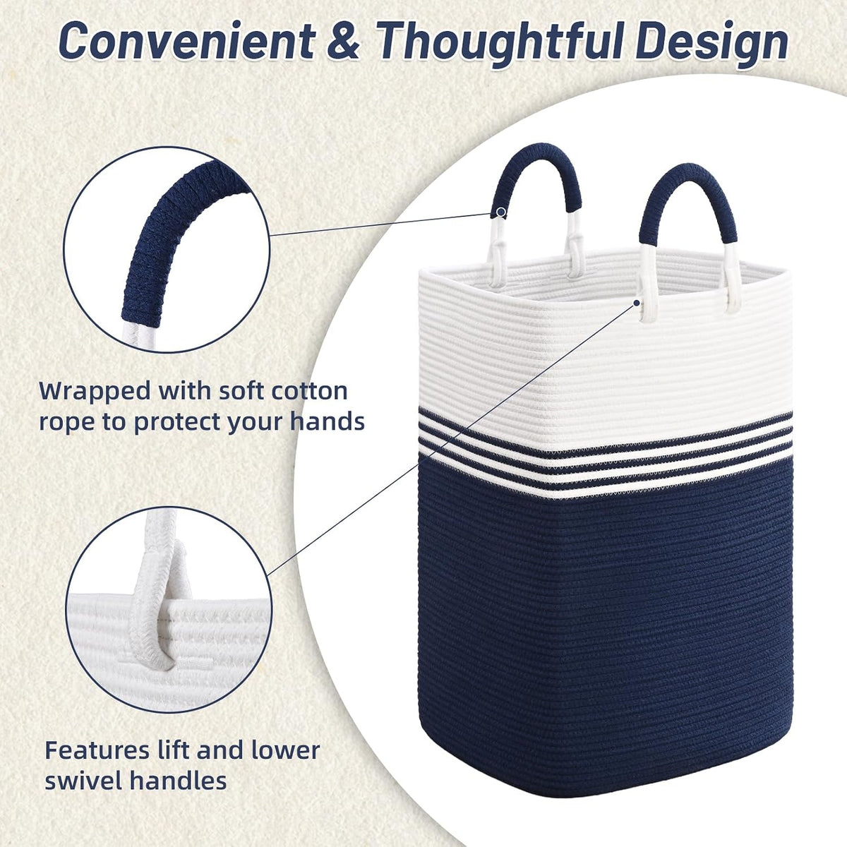 Laundry Basket Hamper,Blanket Storage,Dirty Clothes Hamper with Swivel Handles,Woven Cotton Rope Toy Baskets,Blanket Basket Living Room,Decorative Hampers for Nursery,Bedroom,White & Linen,60L