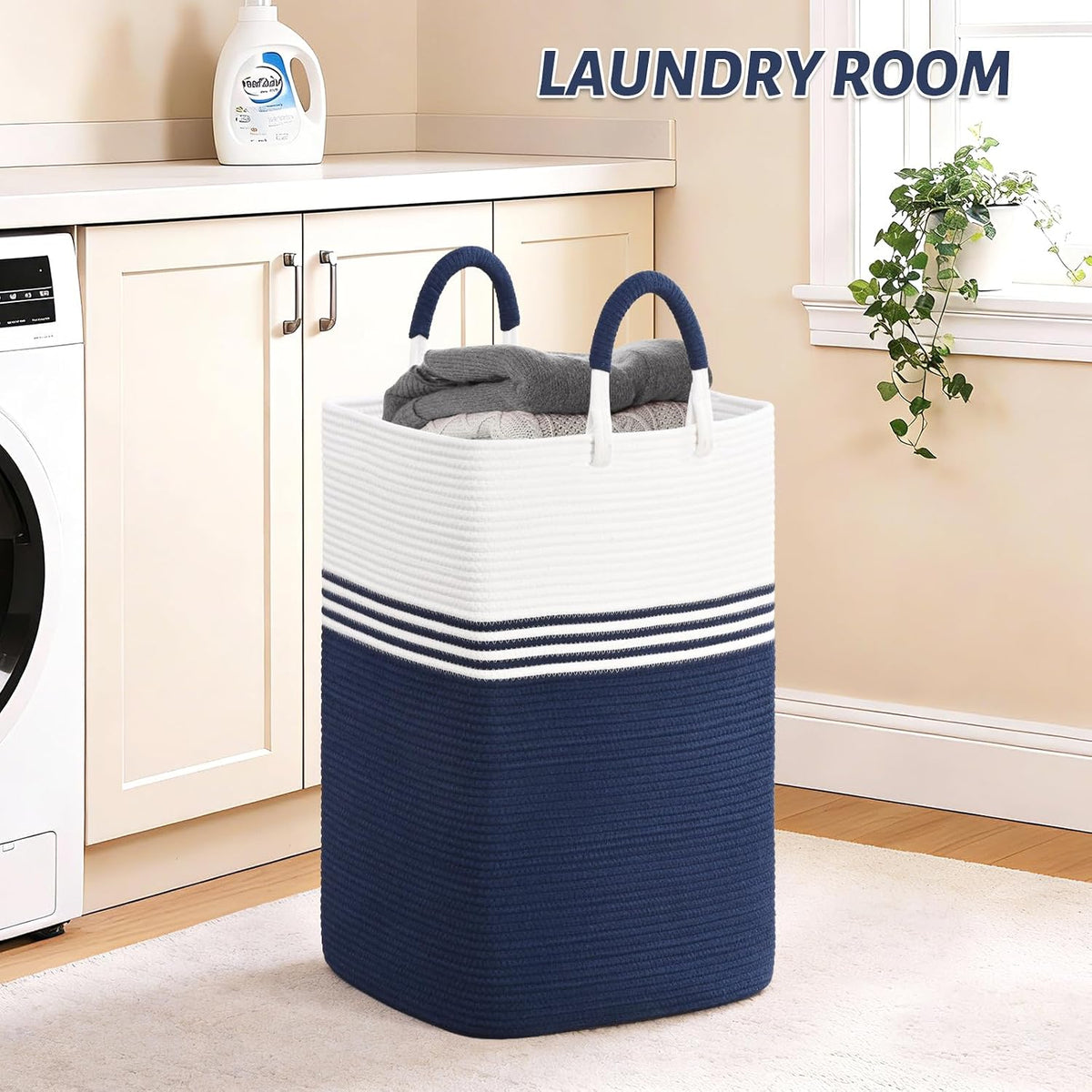 Laundry Basket Hamper,Blanket Storage,Dirty Clothes Hamper with Swivel Handles,Woven Cotton Rope Toy Baskets,Blanket Basket Living Room,Decorative Hampers for Nursery,Bedroom,White & Linen,60L