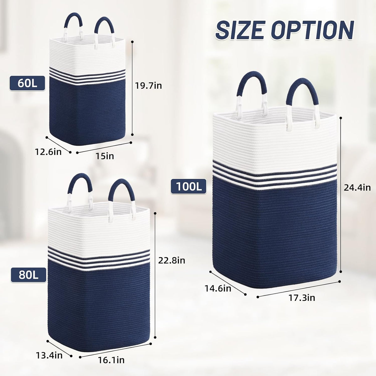 Laundry Basket Hamper,Blanket Storage,Dirty Clothes Hamper with Swivel Handles,Woven Cotton Rope Toy Baskets,Blanket Basket Living Room,Decorative Hampers for Nursery,Bedroom,White & Linen,60L