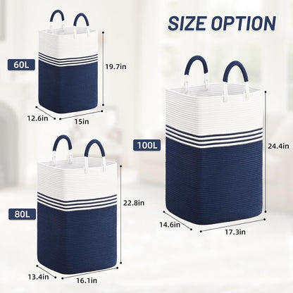 Laundry Basket Hamper,Blanket Storage,Dirty Clothes Hamper with Swivel Handles,Woven Cotton Rope Toy Baskets,Blanket Basket Living Room,Decorative Hampers for Nursery,Bedroom,White & Linen,60L