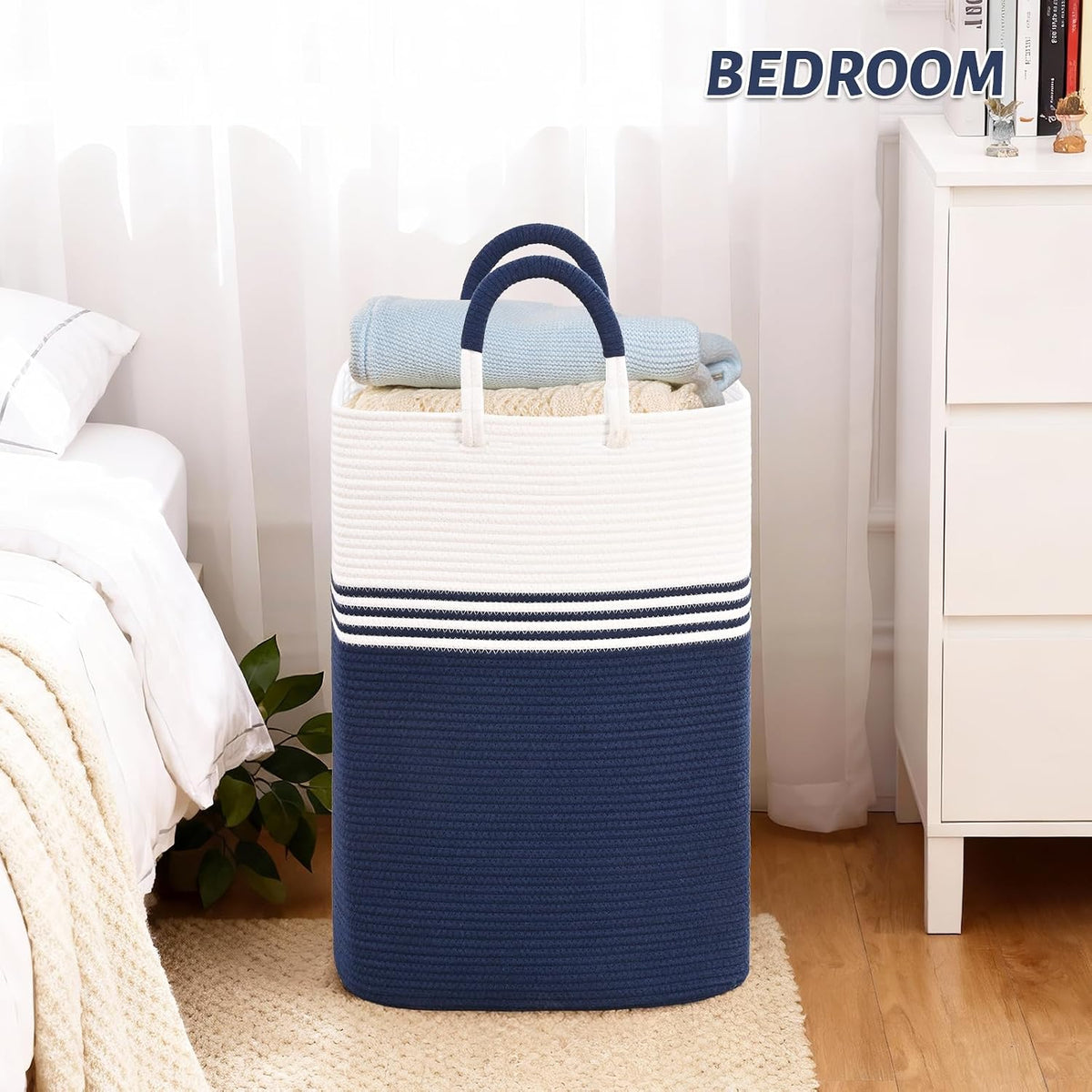 Laundry Basket Hamper,Blanket Storage,Dirty Clothes Hamper with Swivel Handles,Woven Cotton Rope Toy Baskets,Blanket Basket Living Room,Decorative Hampers for Nursery,Bedroom,White & Linen,60L
