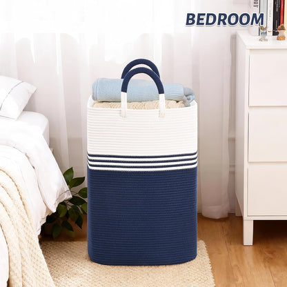 Laundry Basket Hamper,Blanket Storage,Dirty Clothes Hamper with Swivel Handles,Woven Cotton Rope Toy Baskets,Blanket Basket Living Room,Decorative Hampers for Nursery,Bedroom,White & Linen,60L