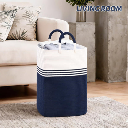 Laundry Basket Hamper,Blanket Storage,Dirty Clothes Hamper with Swivel Handles,Woven Cotton Rope Toy Baskets,Blanket Basket Living Room,Decorative Hampers for Nursery,Bedroom,White & Linen,60L