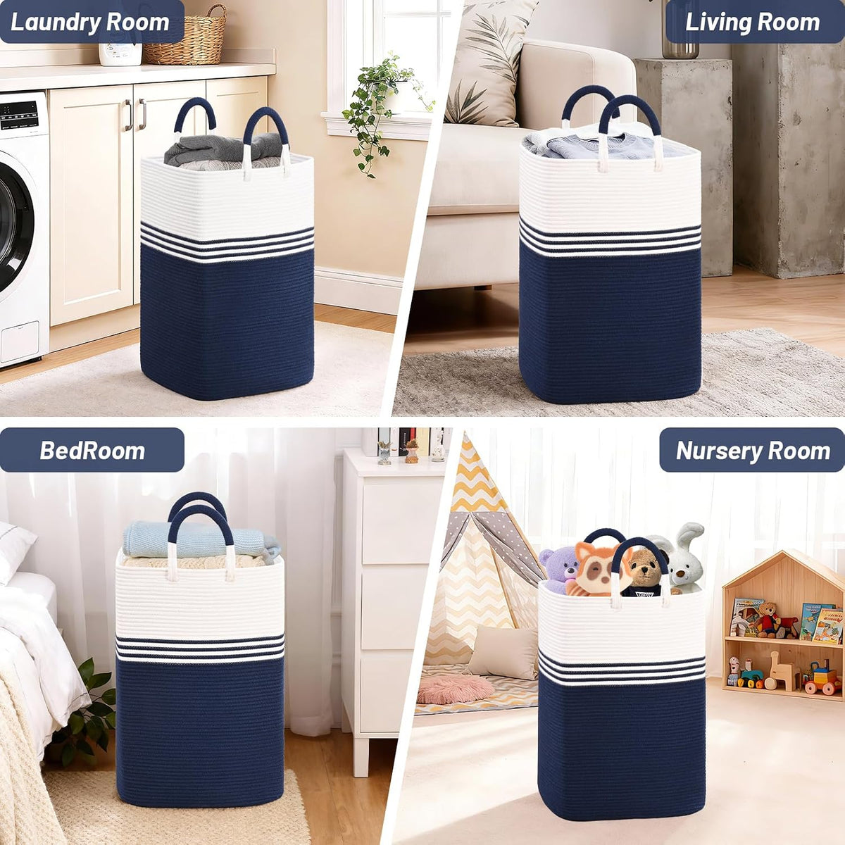 Laundry Basket Hamper,Blanket Storage,Dirty Clothes Hamper with Swivel Handles,Woven Cotton Rope Toy Baskets,Blanket Basket Living Room,Decorative Hampers for Nursery,Bedroom,White & Linen,60L