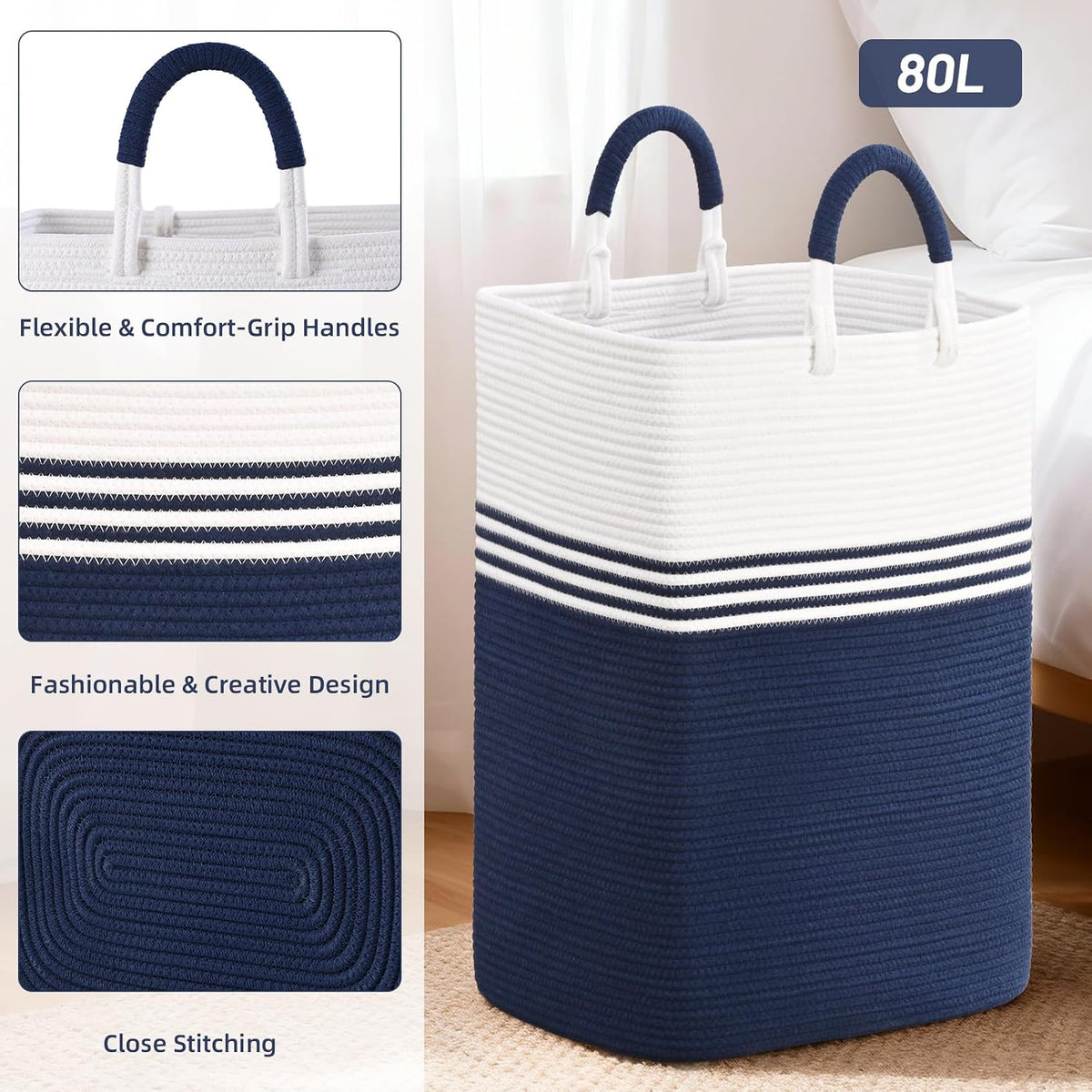Laundry Basket Hamper,Blanket Storage,Dirty Clothes Hamper with Swivel Handles,Woven Cotton Rope Toy Baskets,Blanket Basket Living Room,Decorative Hampers for Nursery,Bedroom,White & Linen,60L