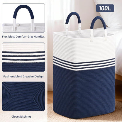 Laundry Basket Hamper,Blanket Storage,Dirty Clothes Hamper with Swivel Handles,Woven Cotton Rope Toy Baskets,Blanket Basket Living Room,Decorative Hampers for Nursery,Bedroom,White & Linen,60L