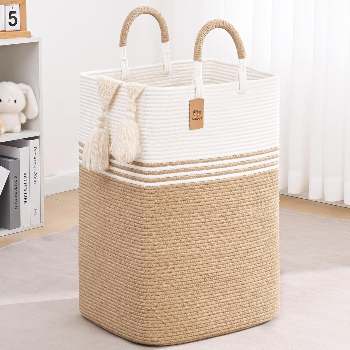 Laundry Basket Hamper,Blanket Storage,Dirty Clothes Hamper with Swivel Handles,Woven Cotton Rope Toy Baskets,Blanket Basket Living Room,Decorative Hampers for Nursery,Bedroom,White & Linen,60L