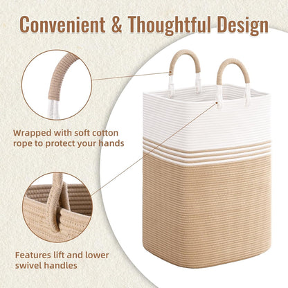 Laundry Basket Hamper,Blanket Storage,Dirty Clothes Hamper with Swivel Handles,Woven Cotton Rope Toy Baskets,Blanket Basket Living Room,Decorative Hampers for Nursery,Bedroom,White & Linen,60L