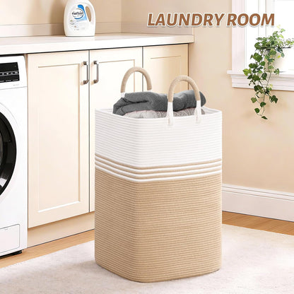 Laundry Basket Hamper,Blanket Storage,Dirty Clothes Hamper with Swivel Handles,Woven Cotton Rope Toy Baskets,Blanket Basket Living Room,Decorative Hampers for Nursery,Bedroom,White & Linen,60L