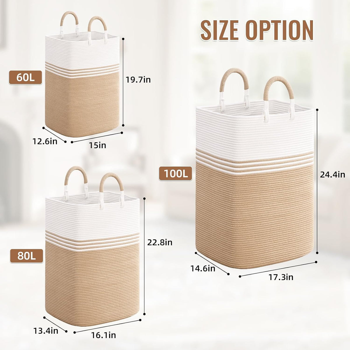 Laundry Basket Hamper,Blanket Storage,Dirty Clothes Hamper with Swivel Handles,Woven Cotton Rope Toy Baskets,Blanket Basket Living Room,Decorative Hampers for Nursery,Bedroom,White & Linen,60L