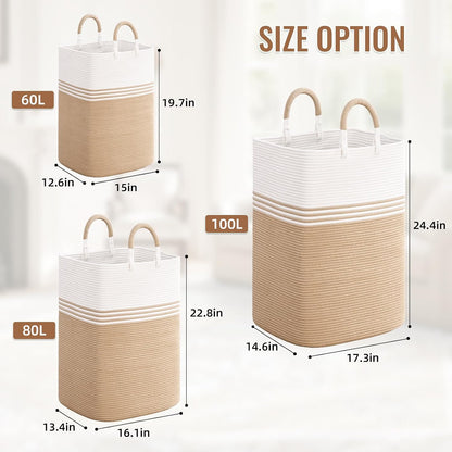 Laundry Basket Hamper,Blanket Storage,Dirty Clothes Hamper with Swivel Handles,Woven Cotton Rope Toy Baskets,Blanket Basket Living Room,Decorative Hampers for Nursery,Bedroom,White & Linen,60L