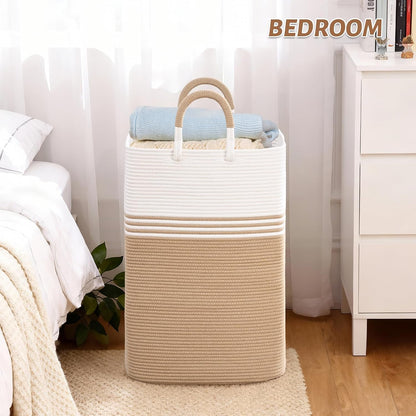 Laundry Basket Hamper,Blanket Storage,Dirty Clothes Hamper with Swivel Handles,Woven Cotton Rope Toy Baskets,Blanket Basket Living Room,Decorative Hampers for Nursery,Bedroom,White & Linen,60L