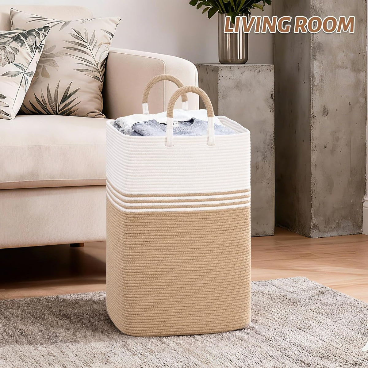 Laundry Basket Hamper,Blanket Storage,Dirty Clothes Hamper with Swivel Handles,Woven Cotton Rope Toy Baskets,Blanket Basket Living Room,Decorative Hampers for Nursery,Bedroom,White & Linen,60L