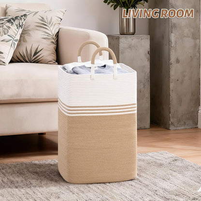 Laundry Basket Hamper,Blanket Storage,Dirty Clothes Hamper with Swivel Handles,Woven Cotton Rope Toy Baskets,Blanket Basket Living Room,Decorative Hampers for Nursery,Bedroom,White & Linen,60L