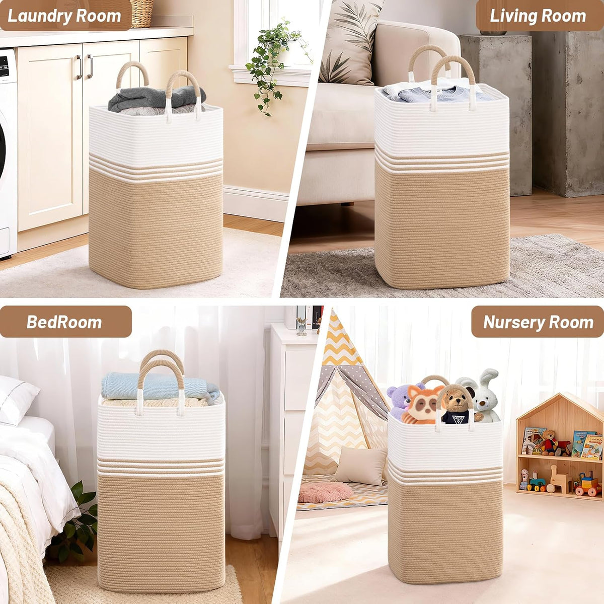 Laundry Basket Hamper,Blanket Storage,Dirty Clothes Hamper with Swivel Handles,Woven Cotton Rope Toy Baskets,Blanket Basket Living Room,Decorative Hampers for Nursery,Bedroom,White & Linen,60L