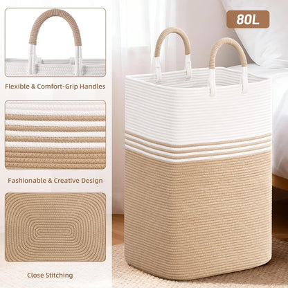 Laundry Basket Hamper,Blanket Storage,Dirty Clothes Hamper with Swivel Handles,Woven Cotton Rope Toy Baskets,Blanket Basket Living Room,Decorative Hampers for Nursery,Bedroom,White & Linen,60L