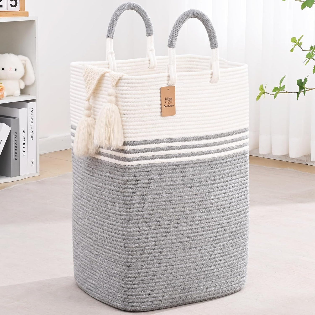 Laundry Basket Hamper,Blanket Storage,Dirty Clothes Hamper with Swivel Handles,Woven Cotton Rope Toy Baskets,Blanket Basket Living Room,Decorative Hampers for Nursery,Bedroom,White & Linen,60L