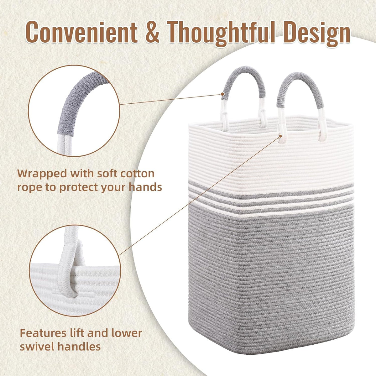 Laundry Basket Hamper,Blanket Storage,Dirty Clothes Hamper with Swivel Handles,Woven Cotton Rope Toy Baskets,Blanket Basket Living Room,Decorative Hampers for Nursery,Bedroom,White & Linen,60L