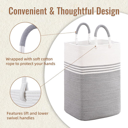 Laundry Basket Hamper,Blanket Storage,Dirty Clothes Hamper with Swivel Handles,Woven Cotton Rope Toy Baskets,Blanket Basket Living Room,Decorative Hampers for Nursery,Bedroom,White & Linen,60L