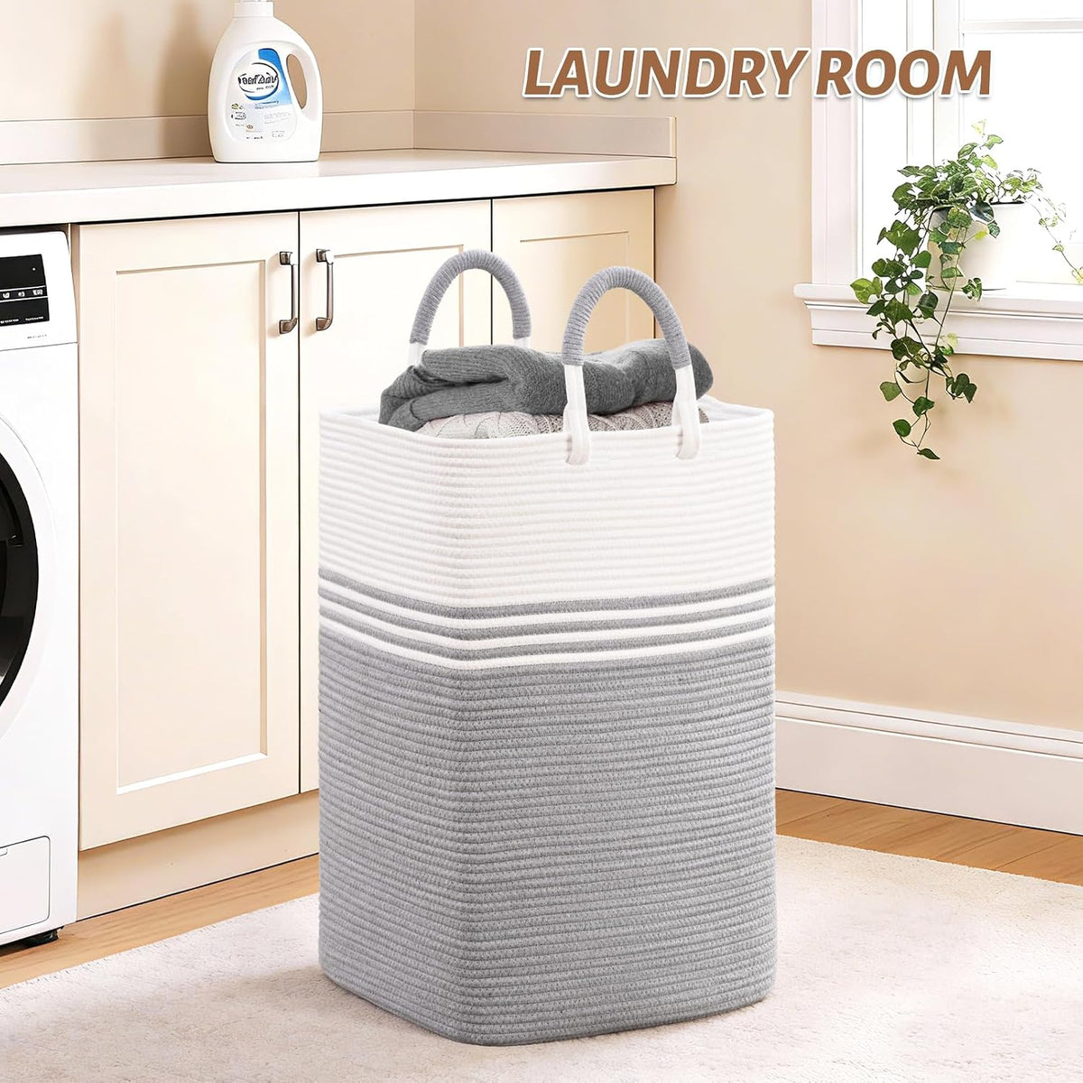 Laundry Basket Hamper,Blanket Storage,Dirty Clothes Hamper with Swivel Handles,Woven Cotton Rope Toy Baskets,Blanket Basket Living Room,Decorative Hampers for Nursery,Bedroom,White & Linen,60L