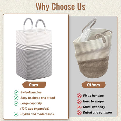 Laundry Basket Hamper,Blanket Storage,Dirty Clothes Hamper with Swivel Handles,Woven Cotton Rope Toy Baskets,Blanket Basket Living Room,Decorative Hampers for Nursery,Bedroom,White & Linen,60L