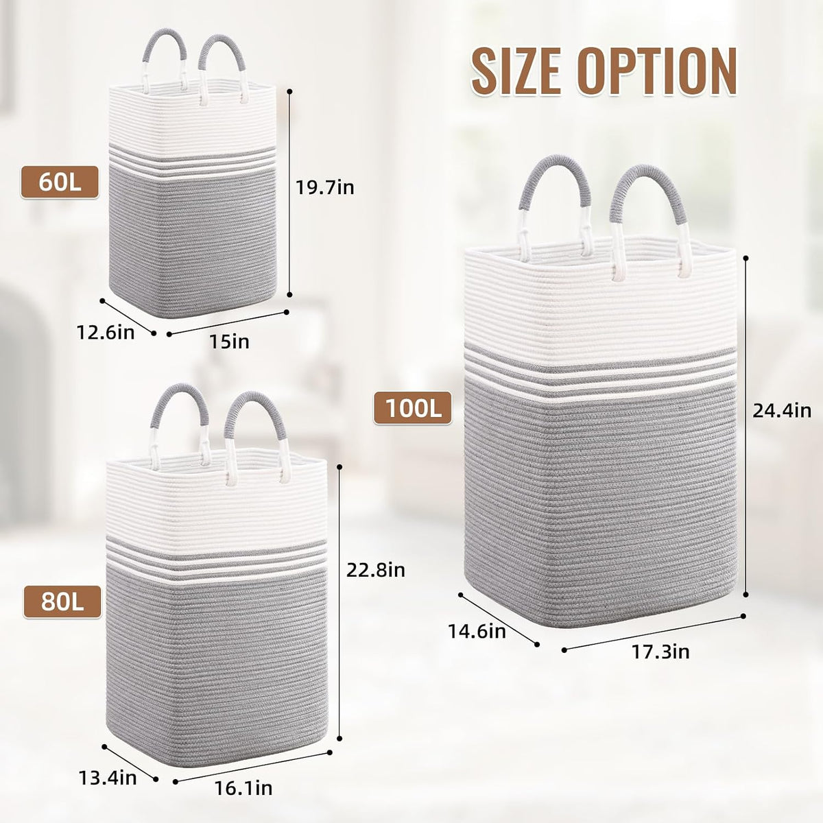 Laundry Basket Hamper,Blanket Storage,Dirty Clothes Hamper with Swivel Handles,Woven Cotton Rope Toy Baskets,Blanket Basket Living Room,Decorative Hampers for Nursery,Bedroom,White & Linen,60L