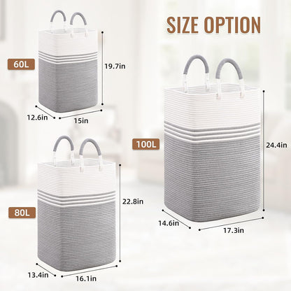 Laundry Basket Hamper,Blanket Storage,Dirty Clothes Hamper with Swivel Handles,Woven Cotton Rope Toy Baskets,Blanket Basket Living Room,Decorative Hampers for Nursery,Bedroom,White & Linen,60L