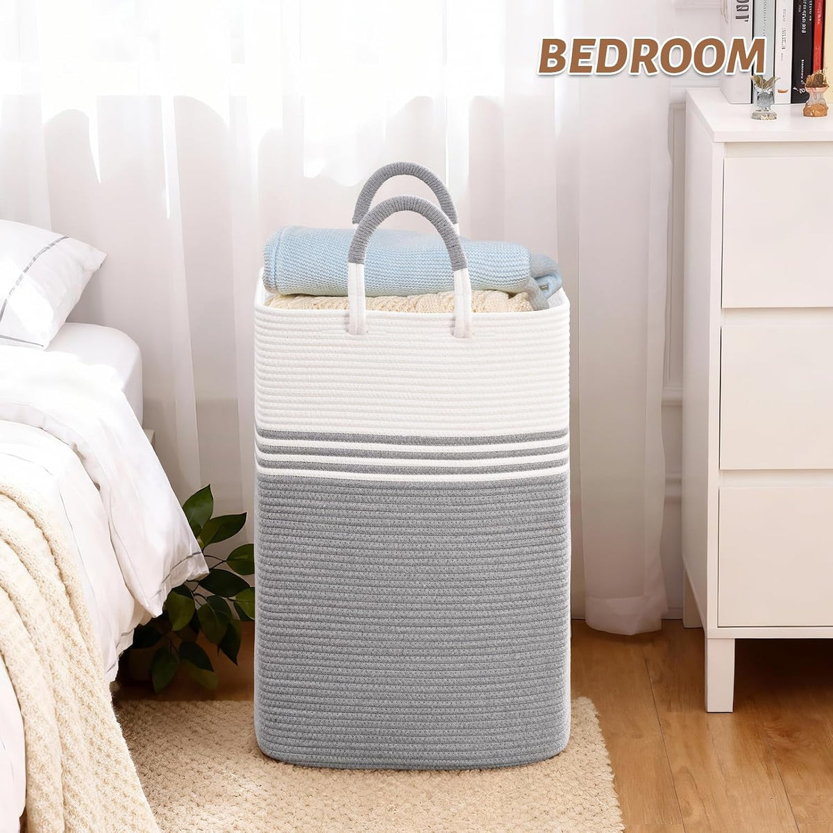 Laundry Basket Hamper,Blanket Storage,Dirty Clothes Hamper with Swivel Handles,Woven Cotton Rope Toy Baskets,Blanket Basket Living Room,Decorative Hampers for Nursery,Bedroom,White & Linen,60L