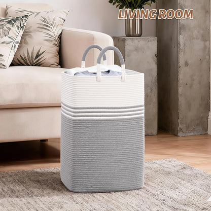 Laundry Basket Hamper,Blanket Storage,Dirty Clothes Hamper with Swivel Handles,Woven Cotton Rope Toy Baskets,Blanket Basket Living Room,Decorative Hampers for Nursery,Bedroom,White & Linen,60L