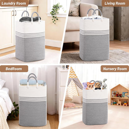 Laundry Basket Hamper,Blanket Storage,Dirty Clothes Hamper with Swivel Handles,Woven Cotton Rope Toy Baskets,Blanket Basket Living Room,Decorative Hampers for Nursery,Bedroom,White & Linen,60L