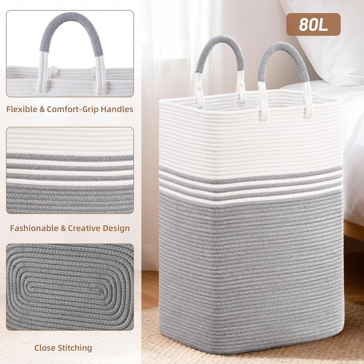 Laundry Basket Hamper,Blanket Storage,Dirty Clothes Hamper with Swivel Handles,Woven Cotton Rope Toy Baskets,Blanket Basket Living Room,Decorative Hampers for Nursery,Bedroom,White & Linen,60L
